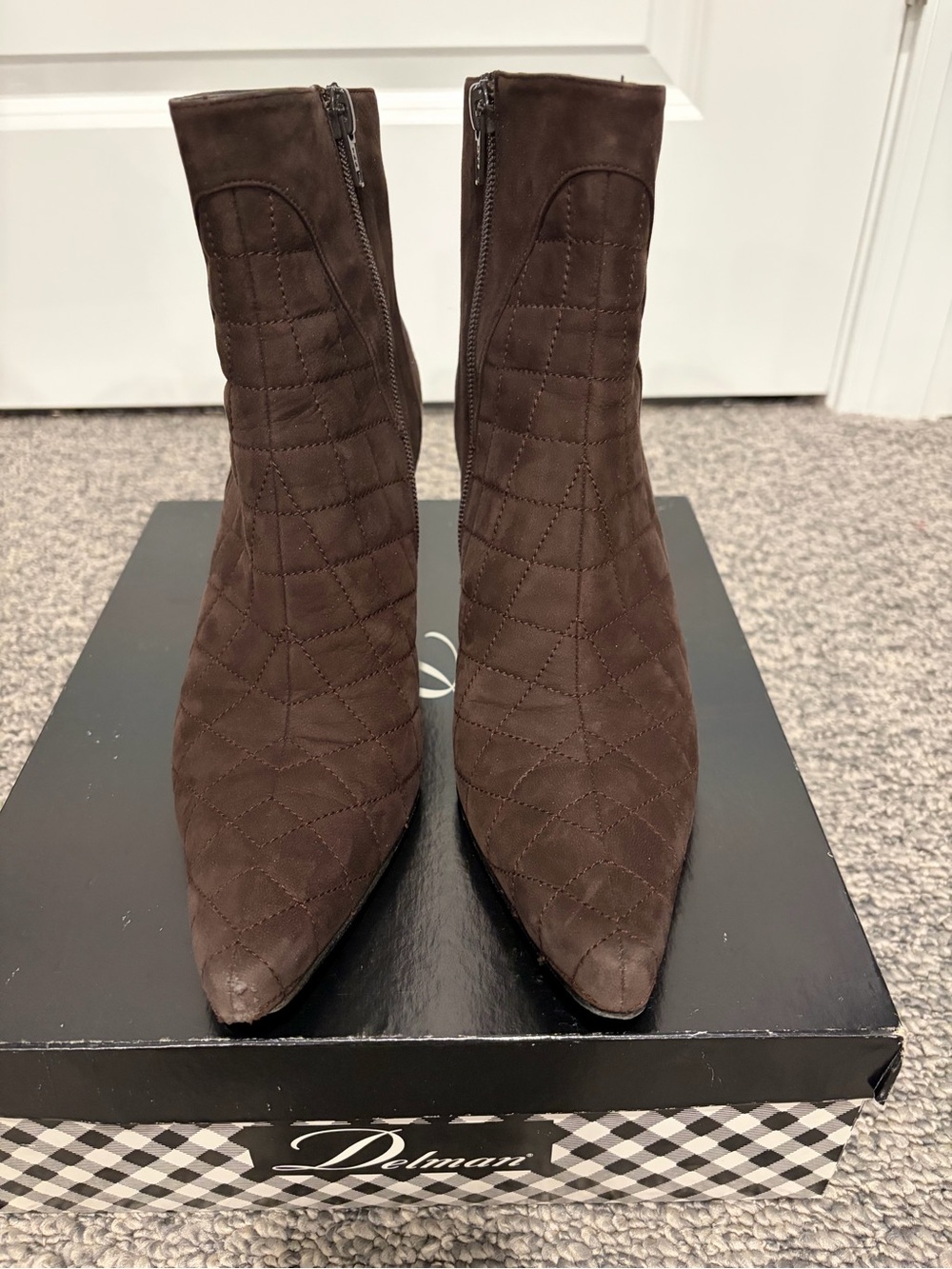 Delman Quilted Pointed-Toe Ankle Boots in Dark Brown Suede